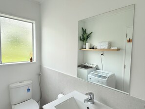 Hair dryer, towels, shampoo, toilet paper