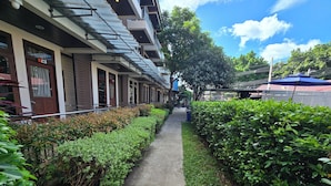 A pathway flanked by neatly trimmed hedges and a building with a modern facade and balconies. - h&Y chaweng (Koh Samui)