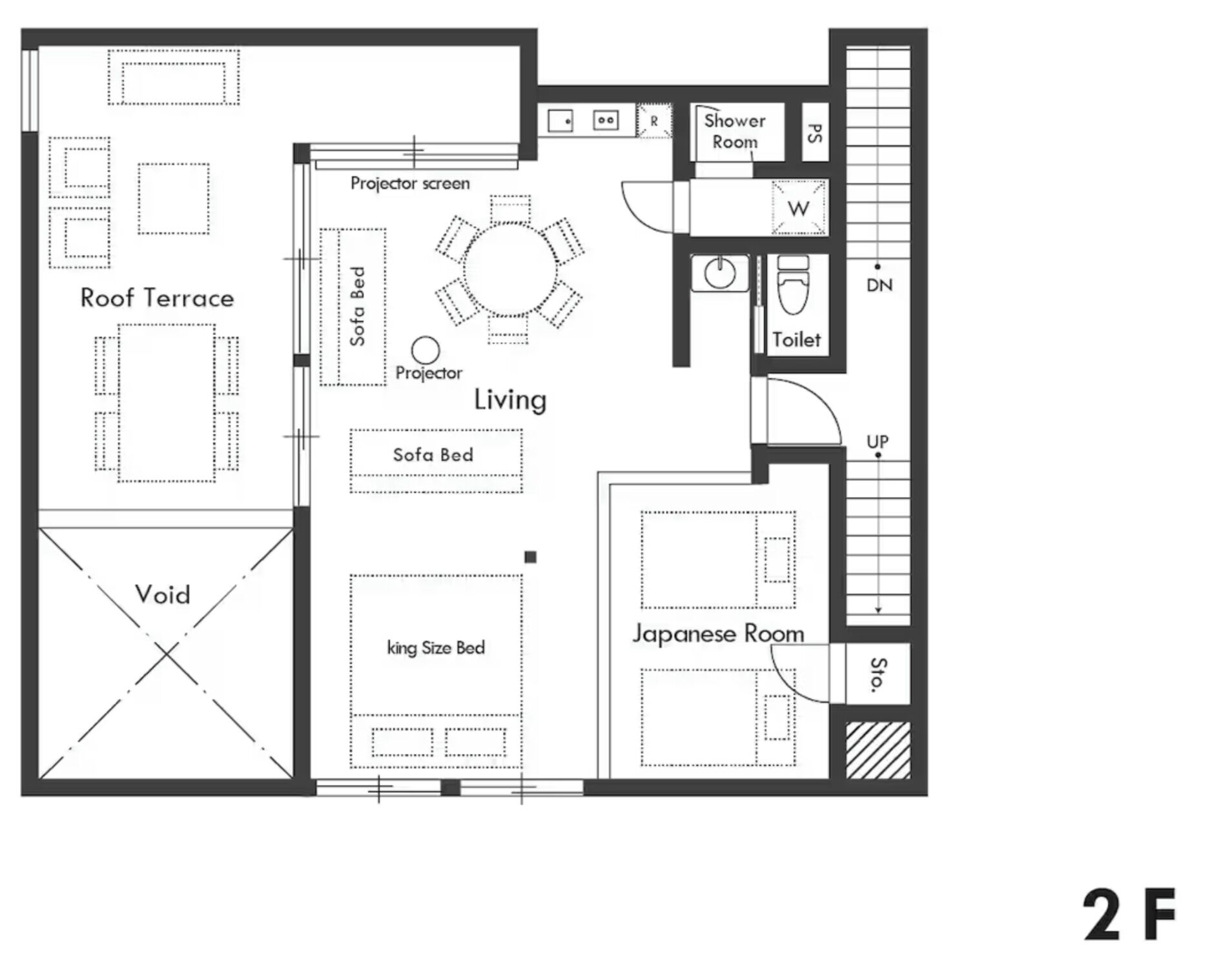 A floor plan of a hotel room with a living area, sofa bed, king size bed, and a Japanese room.