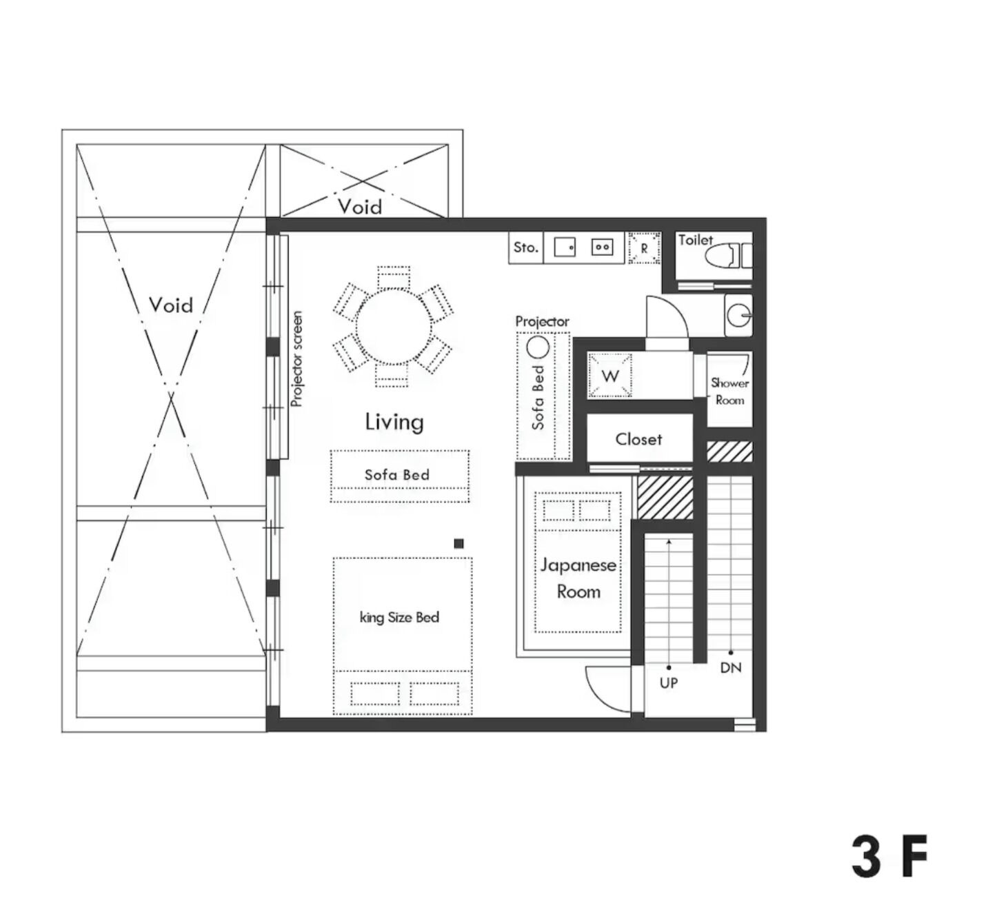 A floor plan of a hotel room with a living area, sofa bed, king size bed, Japanese room, closet, and a toilet.