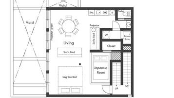 A floor plan of a hotel room with a living area, sofa bed, king size bed, Japanese room, closet, and a toilet.