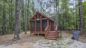 A wooden cabin with a porch and stairs, surrounded by a forest.