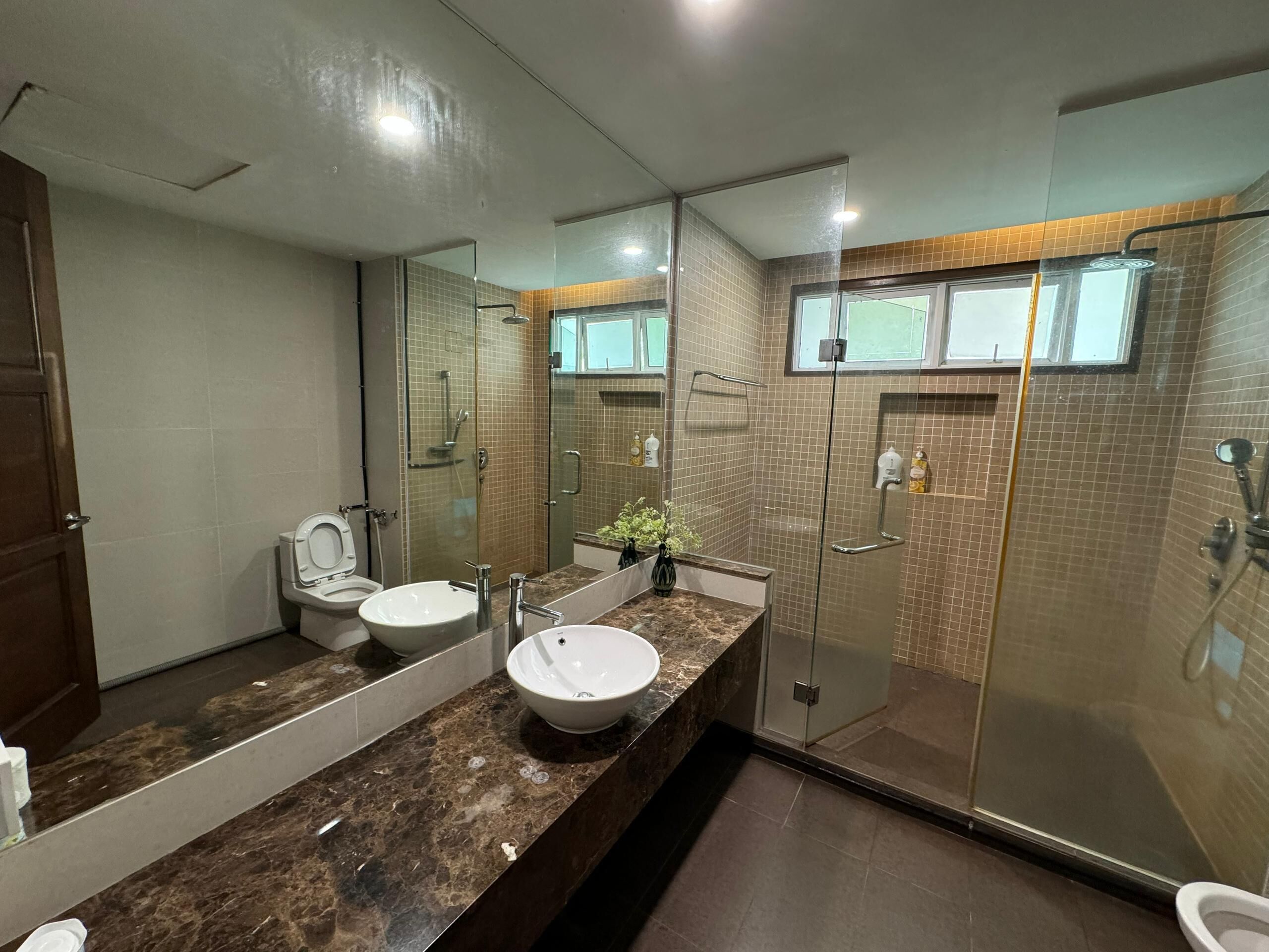 Shower, hair dryer, soap, toilet paper