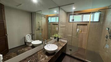 Shower, hair dryer, soap, toilet paper