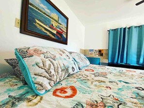 1 bedroom, iron/ironing board, travel crib, bed sheets