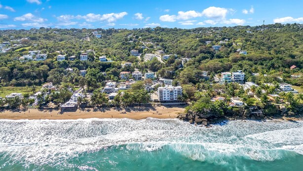 Vista aérea de uma área residencial costeira com casas, praia e um trecho de costa rochosa.