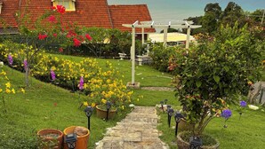 Een tuinpad dat naar een huis met een rood dak leidt, omringd door diverse planten en bloemen.