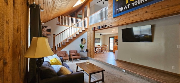 Smart TV, fireplace, video games, DVD player