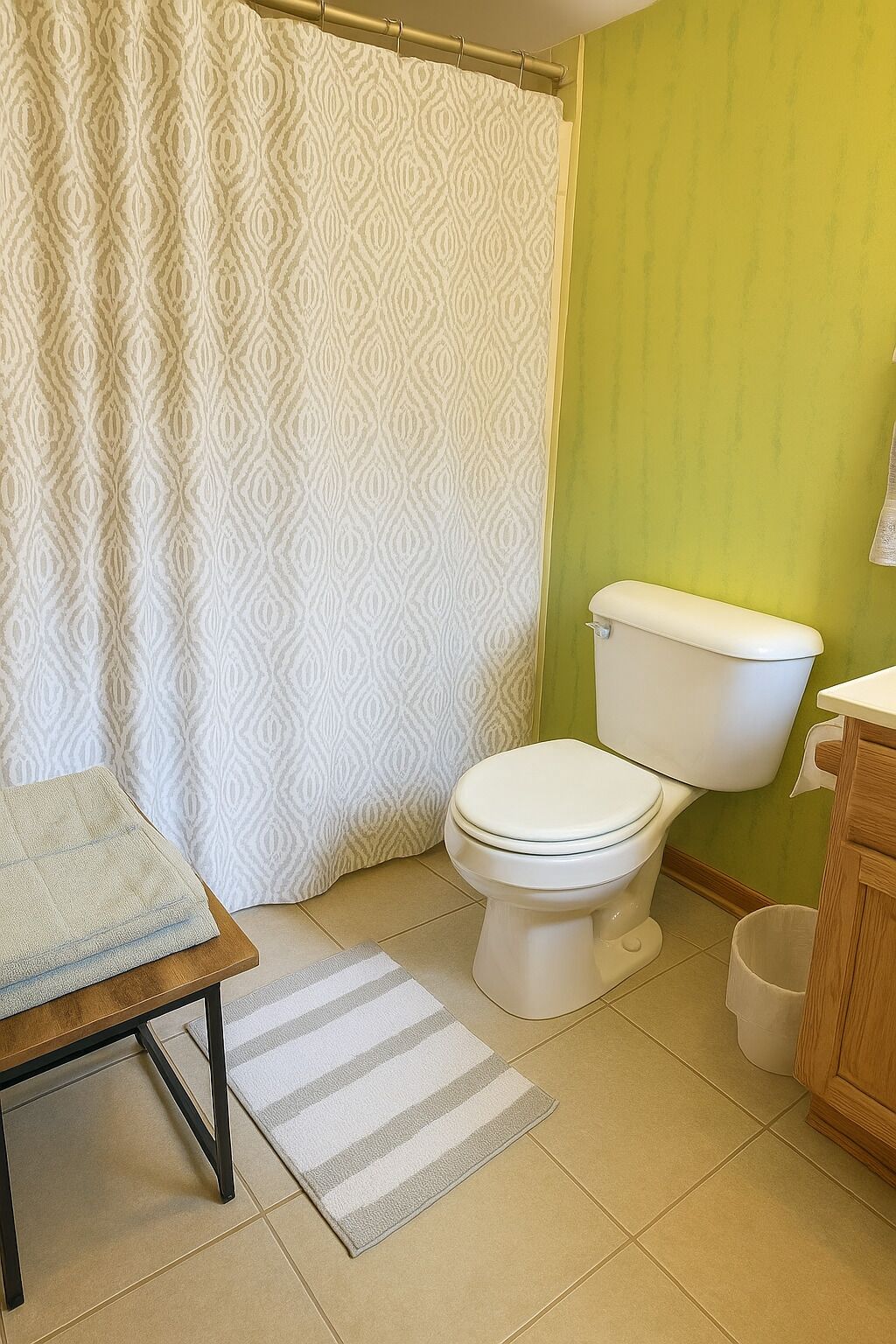 Een badkamer met toilet, douchegordijn, wastafel en een kleine prullenbak.