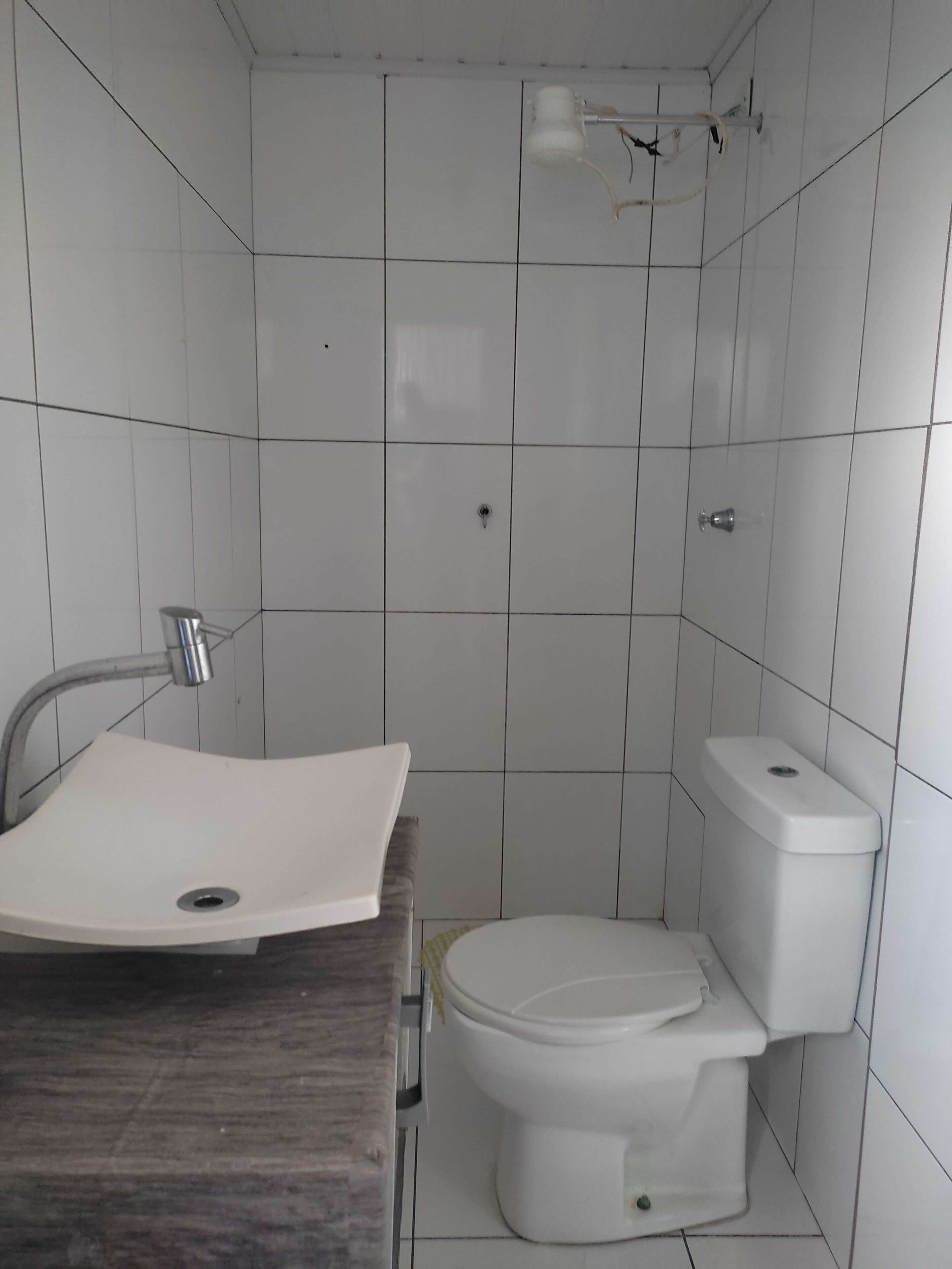 Une salle de bain avec un lavabo blanc, des toilettes et un espace douche.