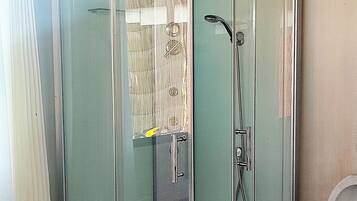 Shower, towels, toilet paper