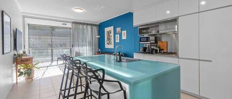 Fridge, microwave, oven, stovetop