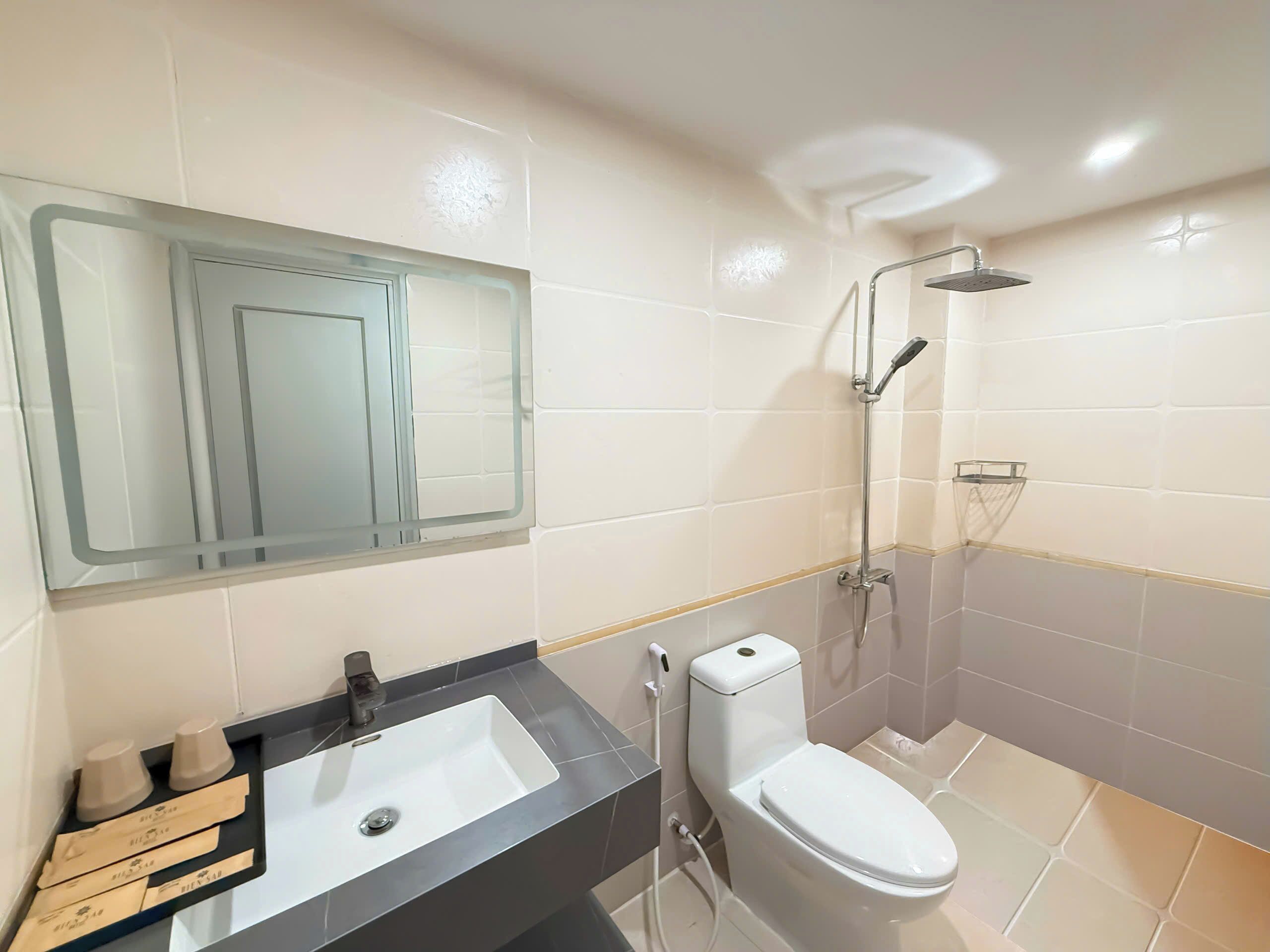 A bathroom with a sink, toilet, and shower.
