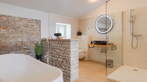 Shower, hair dryer, towels