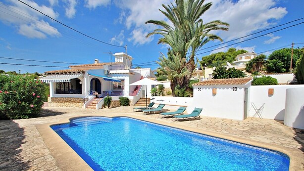 A swimming pool with lounge chairs, a white house with a tiled roof, and a palm tree.