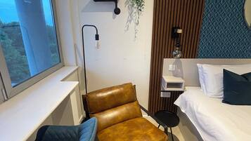 A modern hotel room with a large window, a brown leather chair, a small desk, a bed with white and dark pillows, a patterned rug, and a wall-mounted plant.