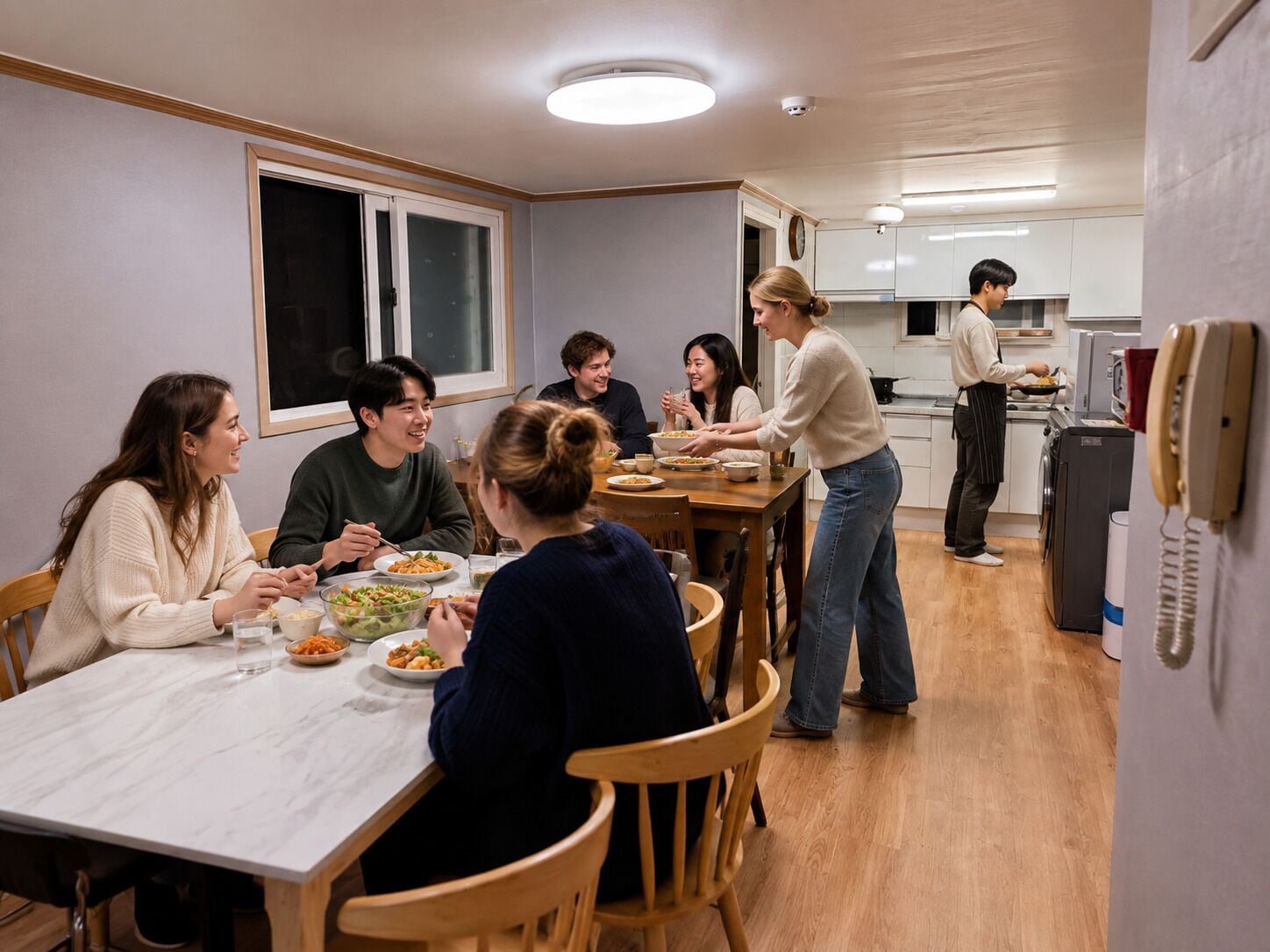 A group of people dining in a room with a kitchen area, wooden furniture, and a telephone.