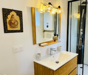 Shower, hair dryer, towels, soap