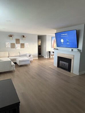 Smart TV, fireplace, books