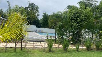 A pool area with a checkered deck, surrounded by lush greenery and palm trees.