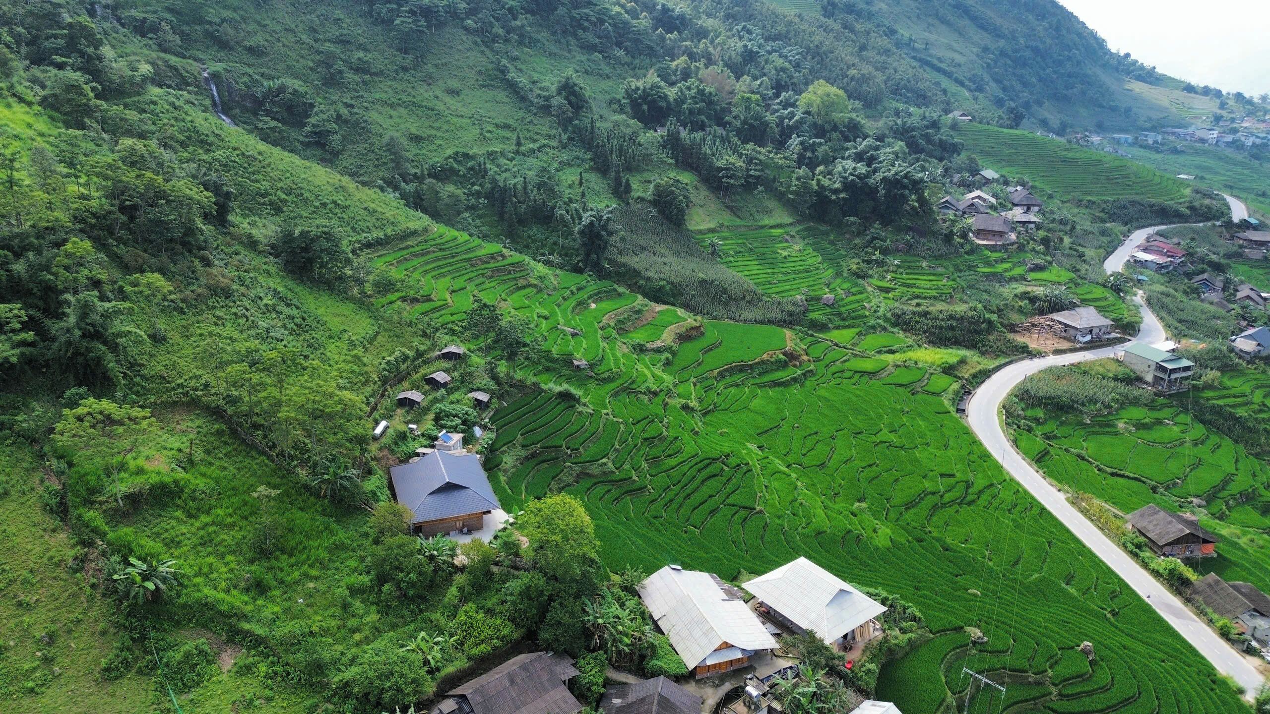 Paisagem rural com campos de arroz em socalcos, casas tradicionais e uma estrada sinuosa.
