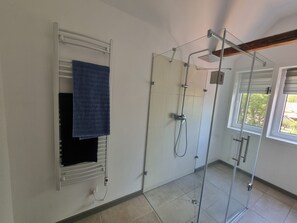 Ducha, secador de pelo, toallas, jabón