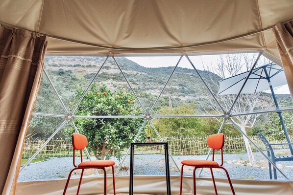 Une structure en forme de dôme géodésique offrant une vue sur un paysage montagneux grâce à une grande fenêtre. À l’intérieur, on trouve deux chaises rouges et un cadre noir.