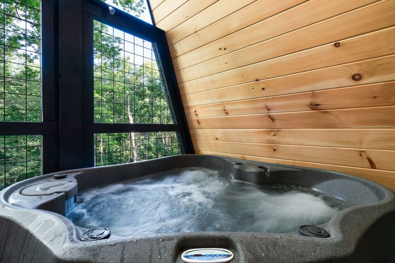 A hot tub with a view of trees through a window.