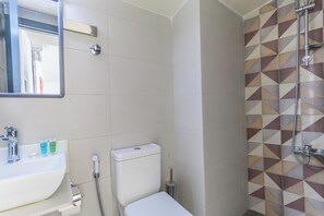 Hair dryer, bidet, towels, toilet paper
