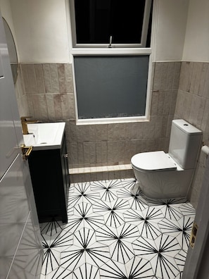 A bathroom with a toilet, sink, and window.