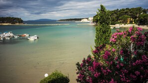 A coastal view with boats docked, a sandy beach, and a clear sky.
