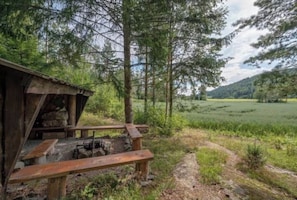 A rustic cabin with a wooden deck, surrounded by dense forest and a view of a distant hill.