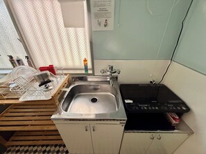 Fridge, microwave, stovetop, electric kettle