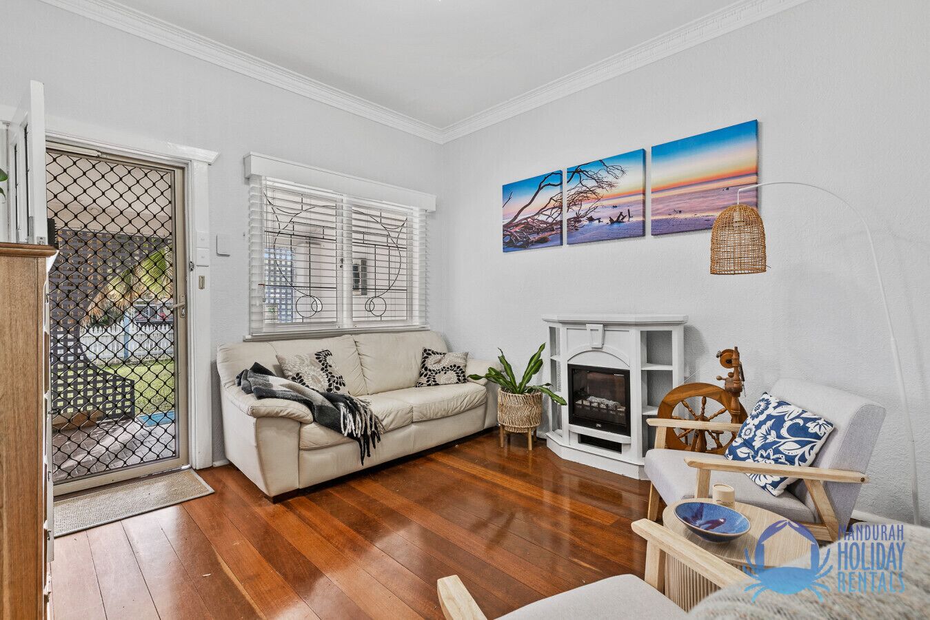 TV, fireplace, books, stereo