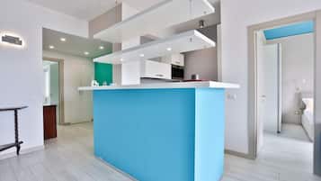 Fridge, oven, dishwasher, cookware/dishes/utensils