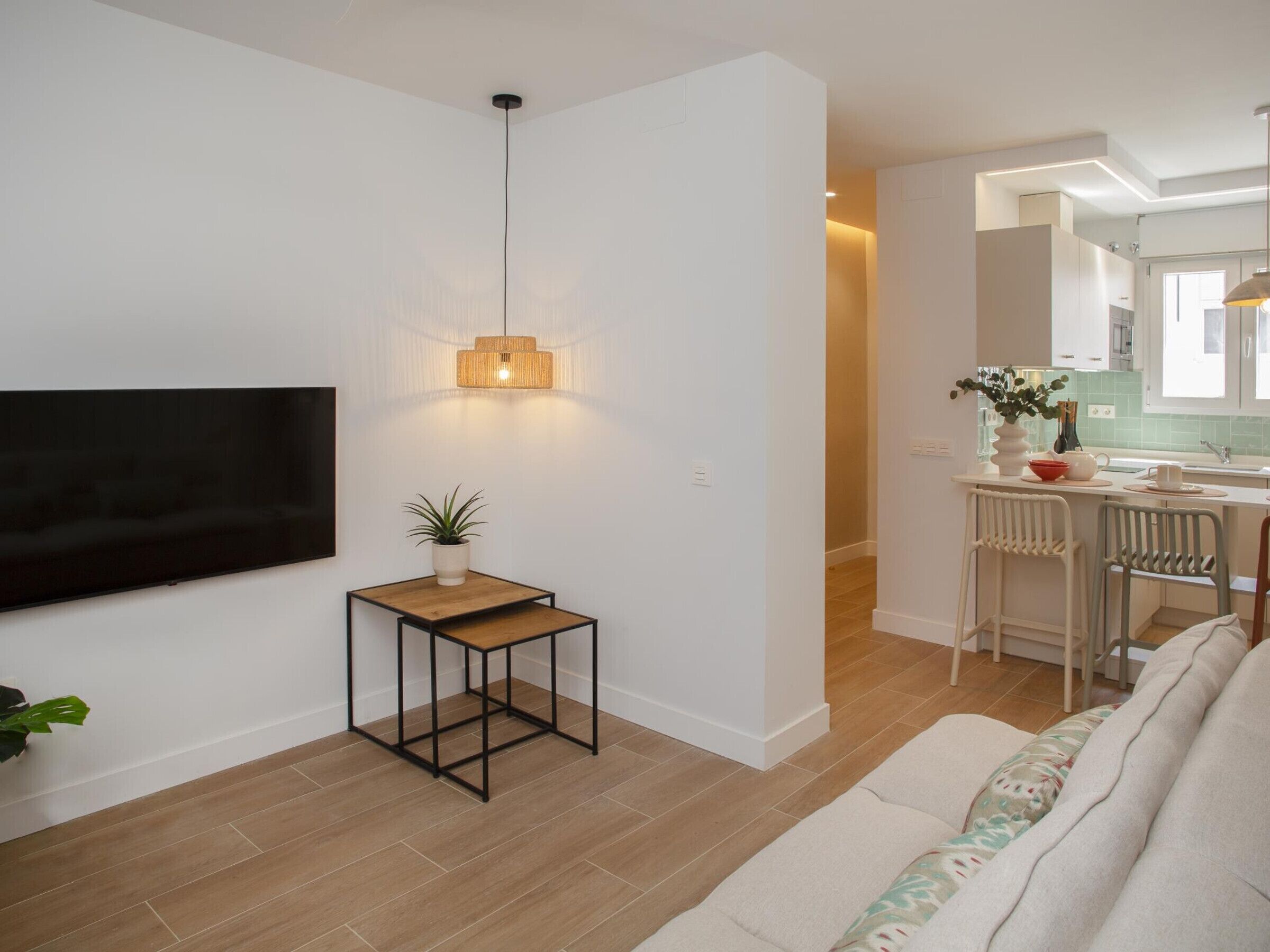 Een modern appartement met een flatscreen televisie aan de muur, een klein houten bijzettafeltje met een plant, een bank met gekleurde kussens, en een keuken die zichtbaar is door een open deur.