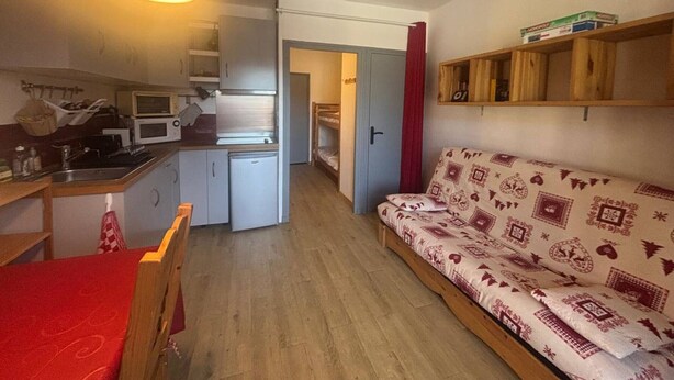 A compact living space with a kitchenette, a dining area, and a sofa.