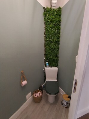 Shower, hair dryer, towels, toilet paper