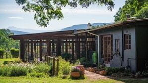 A rustic house with a wooden pergola, a garden with flowers, and a view of mountains in the background. - Molweni Kamberg Valley Bed and Breakfast (Elandskop)
