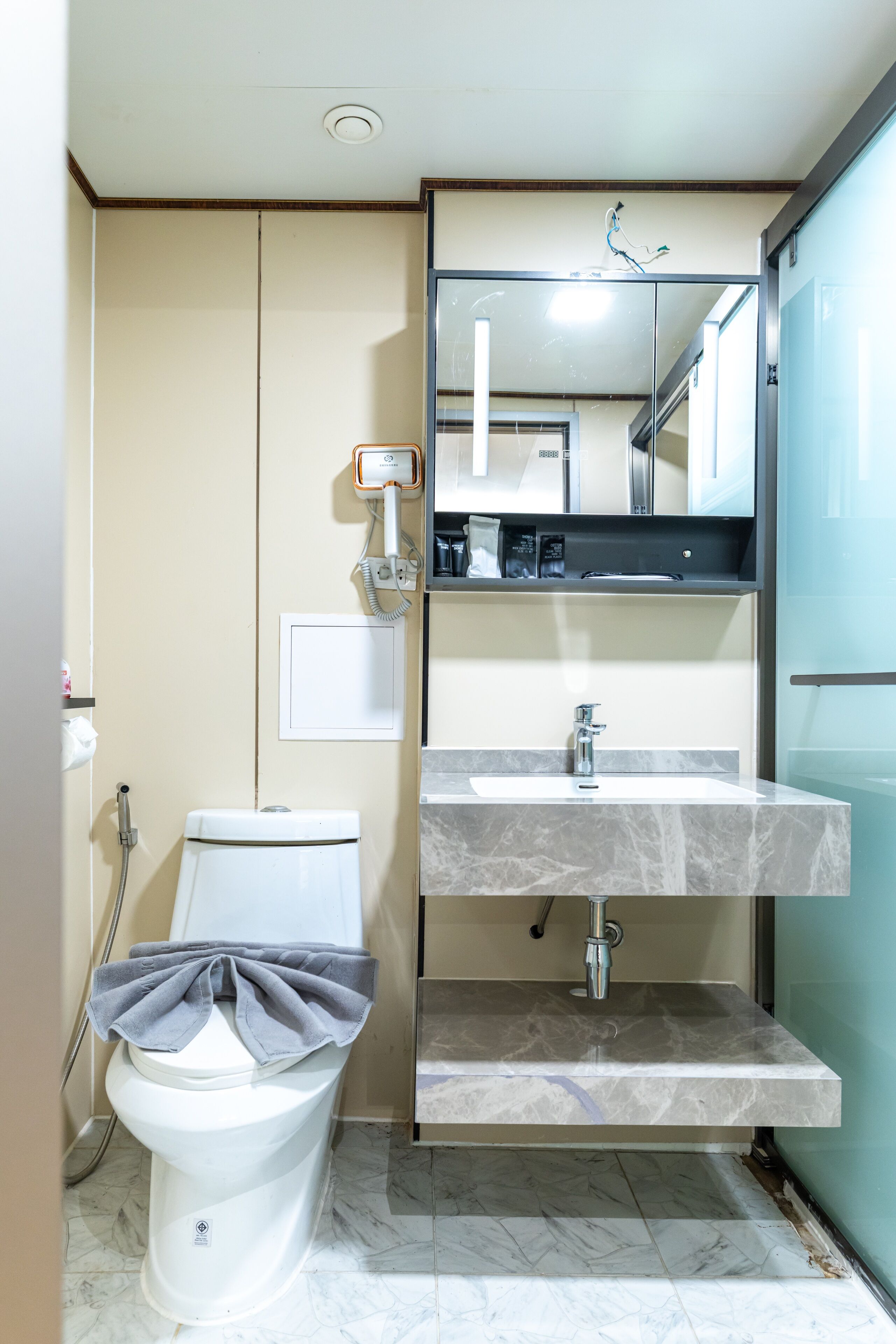 A bathroom with a toilet, a sink, and a mirror.