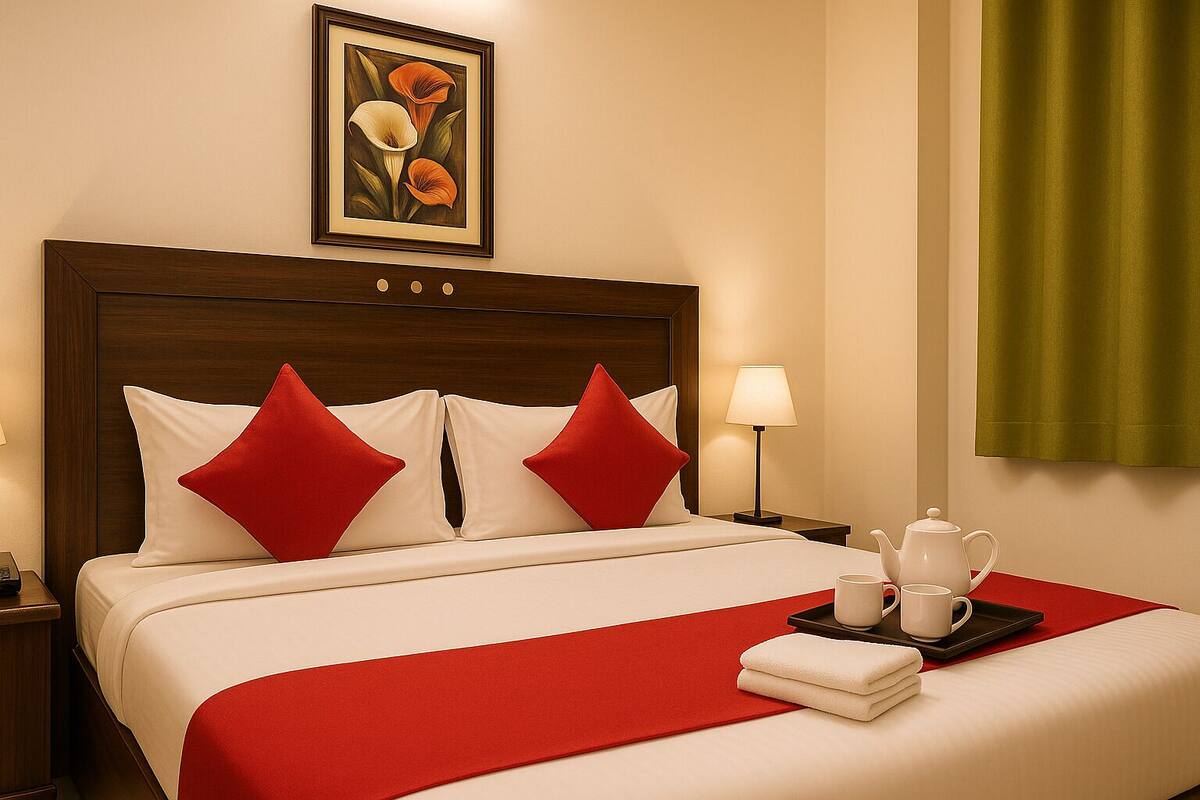 A hotel room with a wooden headboard, two red pillows, a white bedspread, a red accent runner, a framed floral artwork above the bed, a bedside lamp, a tray with a teapot and cups, and a green curtain.