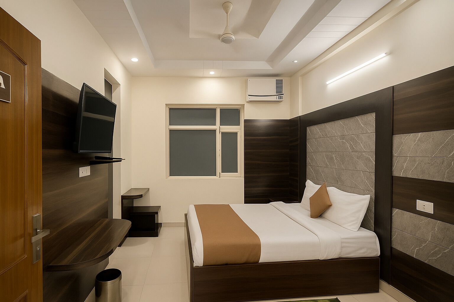 Un dormitorio moderno con cama, televisión, ventana y aire acondicionado.
