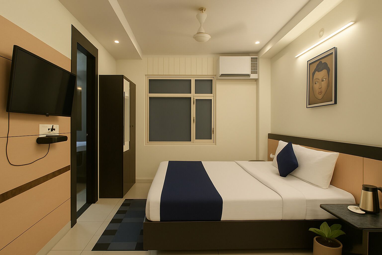 A hotel room with a bed, a TV mounted on the wall, an air conditioning unit, and a framed picture on the wall.