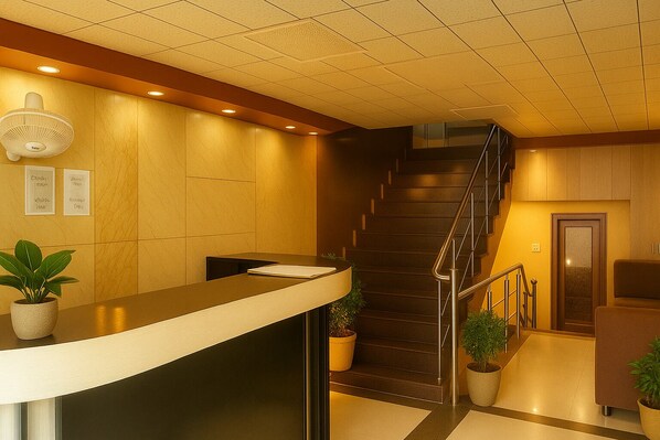 A reception area with a counter, potted plants, a staircase, and a door.