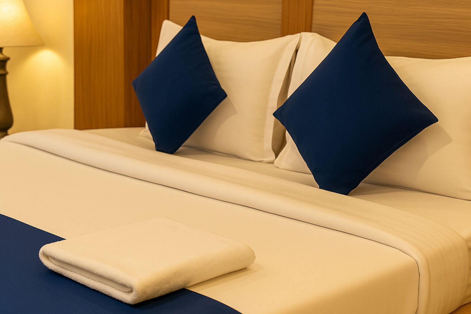 A neatly made bed with a beige bedspread, two blue pillows, and a folded beige towel on a blue bed runner.