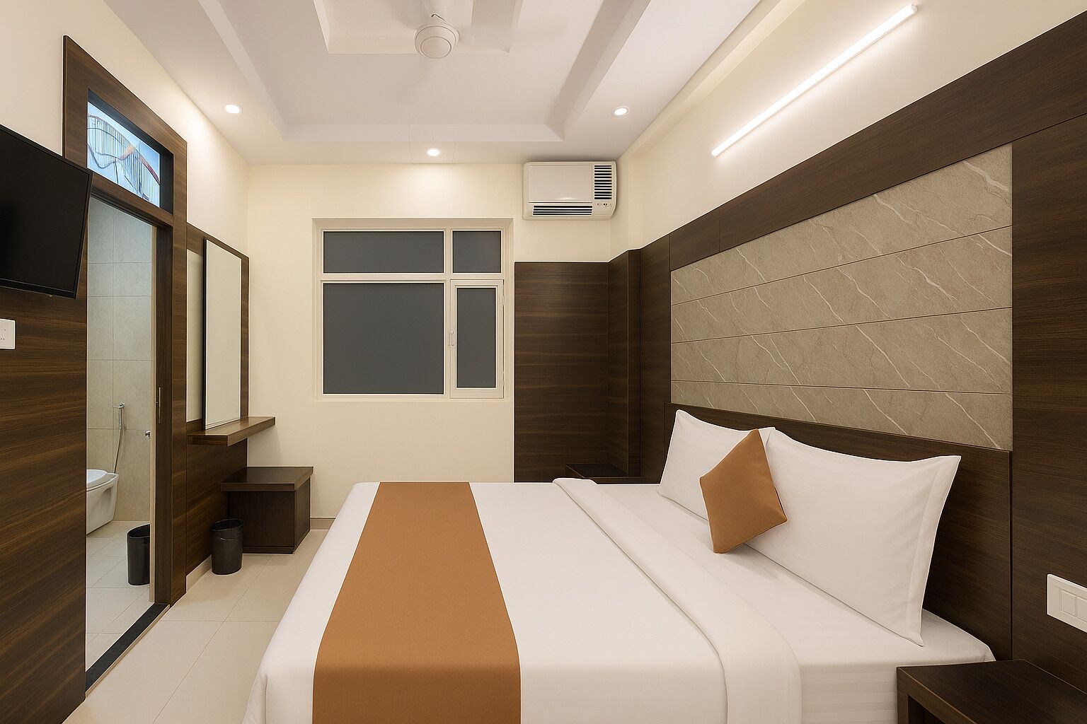 A modern hotel room with a large bed, a built-in wardrobe, a small bedside table, a window, and an air conditioning unit.