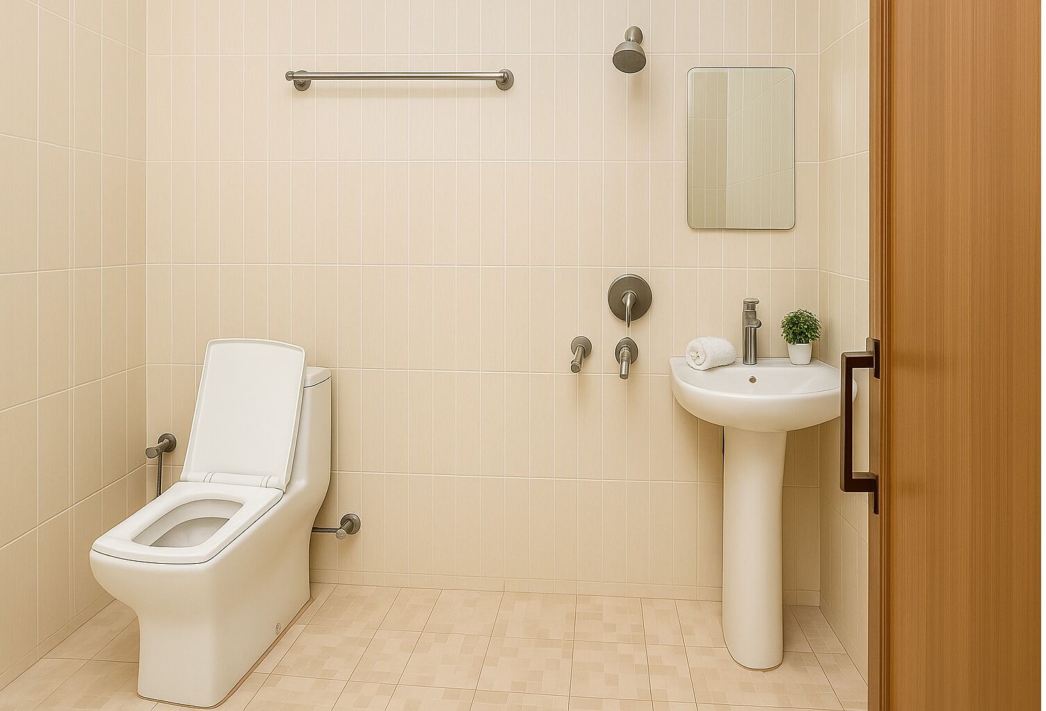 A bathroom with a toilet, sink, and mirror.