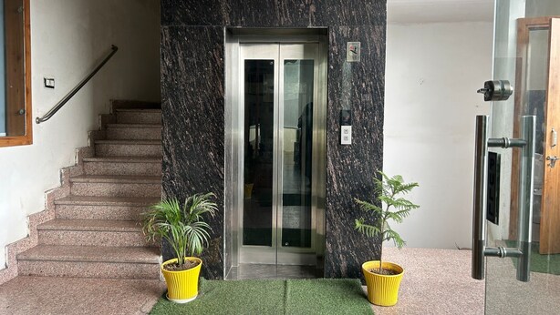 Une entrée moderne, avec un mur en marbre, un escalier et deux plantes en pot.