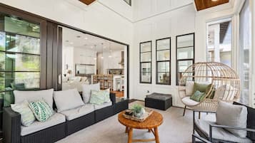 Smart TV, fireplace, books