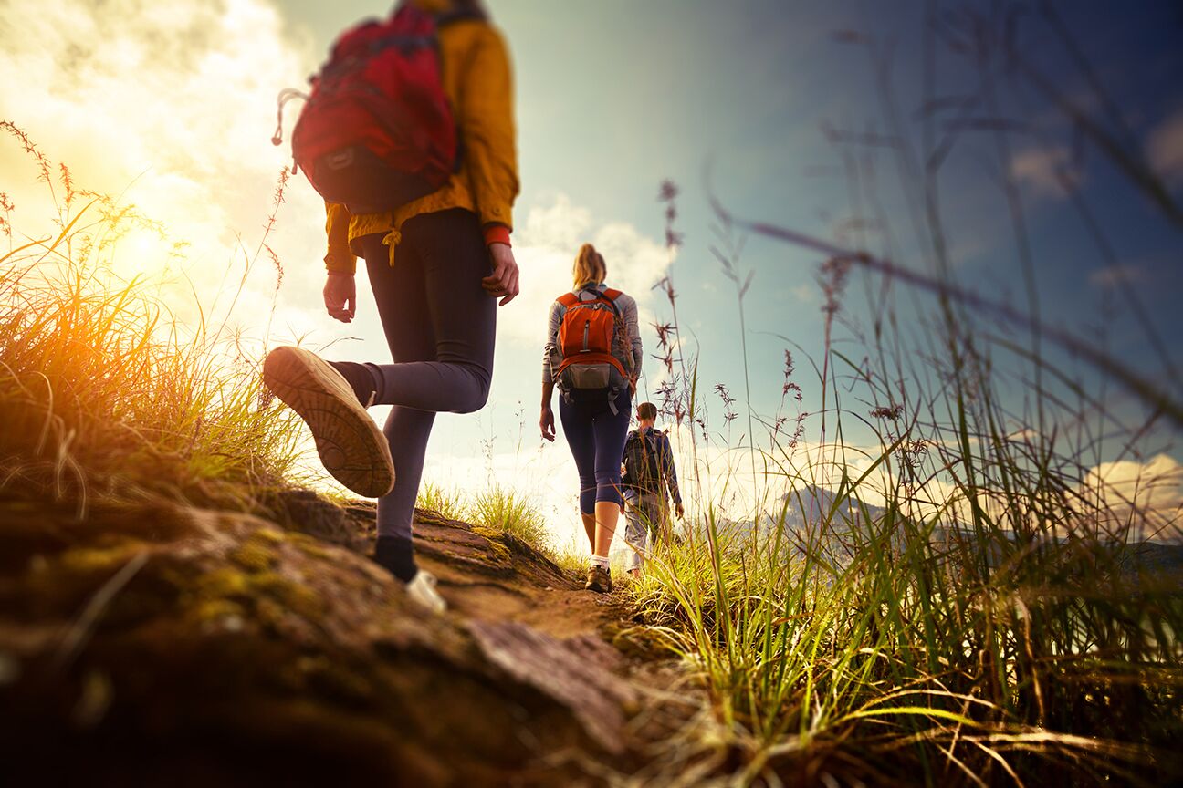 Una persona camina por un sendero rocoso con hierba y flores silvestres, llevando una mochila roja y una chaqueta amarilla.